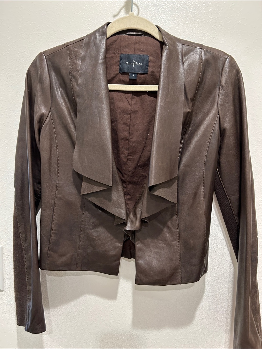 Cole Haan Chocolate Brown Leather Draped Jacket
